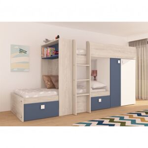 Patrová postel se skříní a úložným prostorem EMMET III pinie cascina/modrá, 90x200 cm